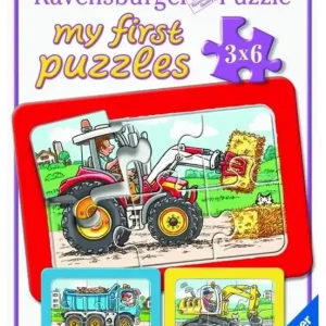 Puzzle 3x6 Traktor, koparka i ciężarówka